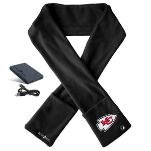 ActionHeat black fleece scarf with Kansas City Chiefs logo battery pack and charging cable