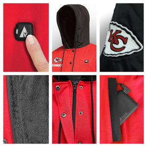 ActionHeat Kansas City Chiefs heated jacket details showing power button, logo, fleece lining, and battery pack