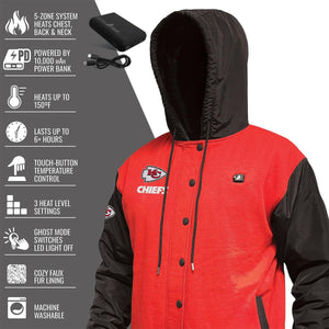 ActionHeat Kansas City Chiefs heated jacket with feature list and power bank