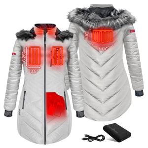 ActionHeat women's white puffer jacket showing internal heating element locations and power bank