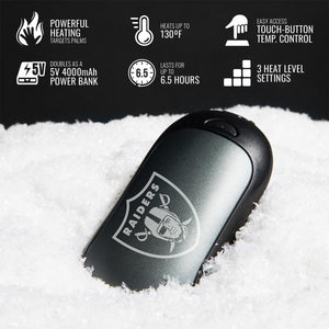 ActionHeat Raiders branded hand warmer on snow with feature icons for heating power battery life and settings