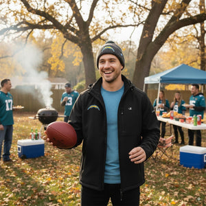 Man wearing ActionHeat Los Angeles Chargers jacket and beanie holding a football at a tailgate party