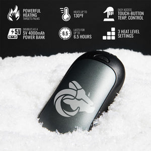 ActionHeat hand warmer features including 130 degree heating 4000mAh power bank and 3 heat settings on snow