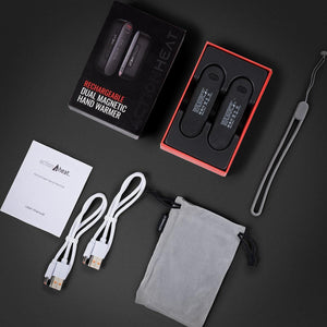 ActionHeat rechargeable dual magnetic hand warmer set with packaging, cables, manual, and storage pouch