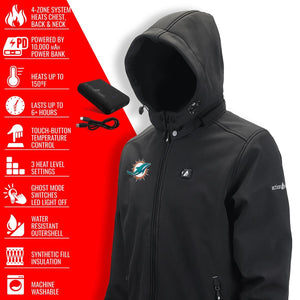 ActionHeat Miami Dolphins heated jacket with power bank and feature list