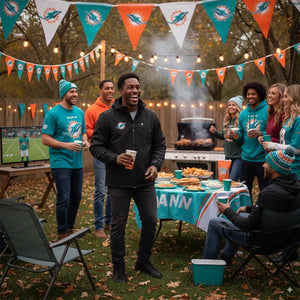 Group of people at a Miami Dolphins tailgate party with ActionHeat apparel
