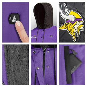 ActionHeat Minnesota Vikings heated hoodie features, power button, team logo, fleece lining, and battery pack