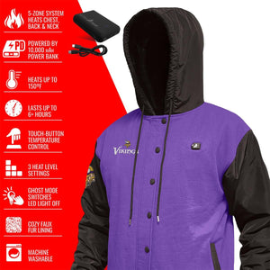 ActionHeat purple and black hooded jacket with power bank and feature list