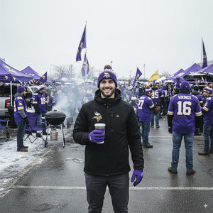 Man wearing ActionHeat jacket and Minnesota Vikings beanie at a tailgate party