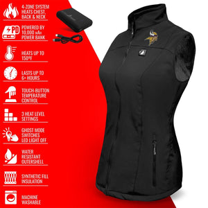 ActionHeat black heated vest with Minnesota Vikings logo and feature list
