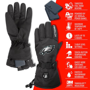 ActionHeat black heated gloves with Philadelphia Eagles logo and feature list