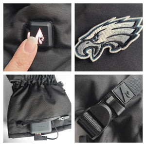ActionHeat heated gloves showing power button Philadelphia Eagles logo battery compartment and adjustable strap