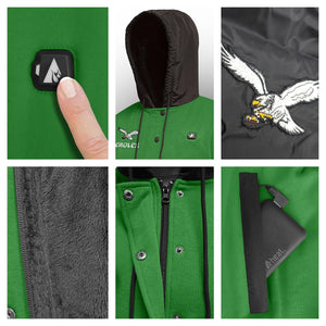 Philadelphia Eagles heated jacket showing power button, team logo, fleece lining, zipper, and battery pack