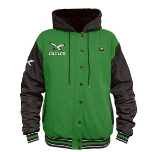 Philadelphia Eagles green and black varsity hoodie with team logo and striped cuffs