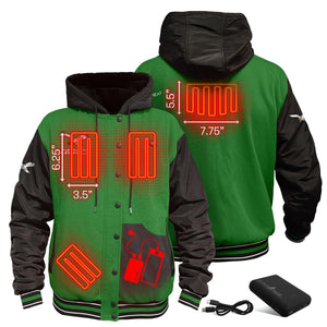 ActionHeat green and black varsity jacket showing internal heating element placement and battery pack