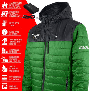 ActionHeat green and black heated jacket with feature list including 150 degree heat and 10000 mAh power bank