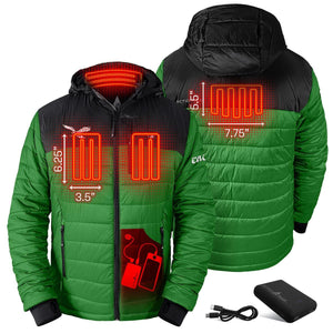 ActionHeat green and black heated jacket showing heating element locations and battery pack