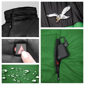 Close up details of a green heated jacket showing the power bank, controls, eagle logo, and water resistant fabric