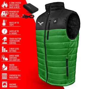 ActionHeat green and black heated vest with feature list including 4 zone heating and 10000 mAh power bank