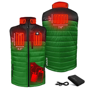 ActionHeat heated vest showing heating element placement and dimensions with included power bank and charging cable