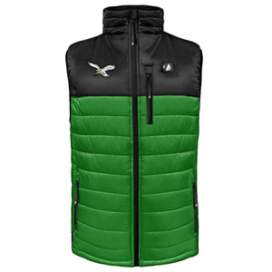 Black and green quilted heated vest with eagle logo