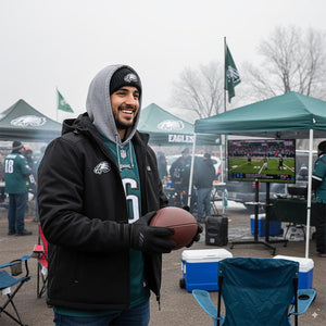 Fan wearing Philadelphia Eagles gear holding a football at a tailgate party