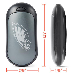 ActionHeat hand warmer with Philadelphia Eagles logo showing dimensions of 4.25 inches by 2.08 inches by 1.06 inches