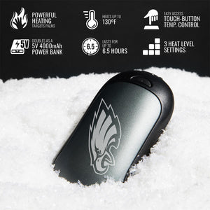 ActionHeat hand warmer with Philadelphia Eagles logo on snow with feature icons