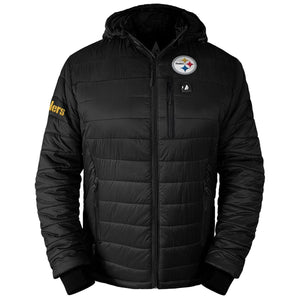 ActionHeat black hooded puffer jacket with Pittsburgh Steelers logo and battery power button