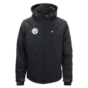 Black Pittsburgh Steelers softshell hooded jacket with front zipper and team logo