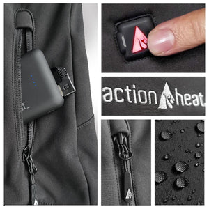 ActionHeat apparel features battery pack, power button, brand logo, zipper detail, and water resistant fabric