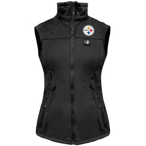 ActionHeat black heated vest with Pittsburgh Steelers logo and front zipper closure