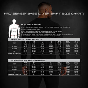 ActionHeat Pro Series base layer shirt size chart for men and women with measurement instructions