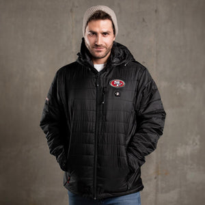 Man wearing a black San Francisco 49ers heated puffer jacket with a beanie