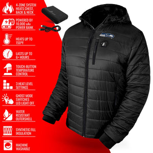 ActionHeat black hooded heated jacket with power bank and feature list