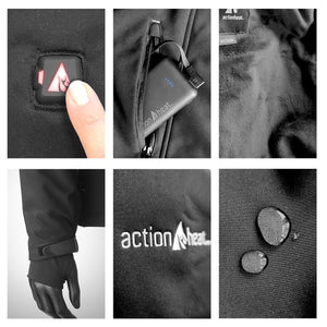 ActionHeat heated jacket features including power button battery pack interior label adjustable cuff and water resistance