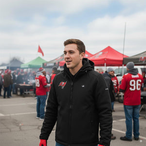 Man wearing black ActionHeat jacket with Tampa Bay Buccaneers logo at a tailgate party