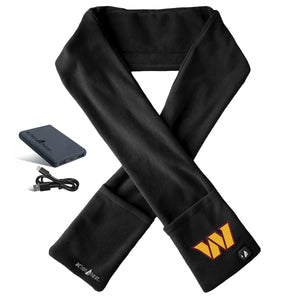 ActionHeat black fleece heated scarf with Washington Commanders logo power bank and charging cable