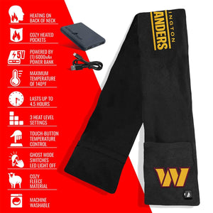 ActionHeat heated fleece scarf with power bank and feature list icons