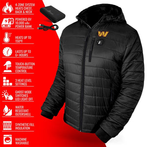 ActionHeat black hooded heated jacket with power bank and feature list