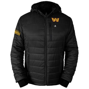 Black Washington Commanders hooded puffer jacket with team logo and branding