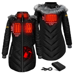 ActionHeat black heated parka with heating element diagrams and battery pack
