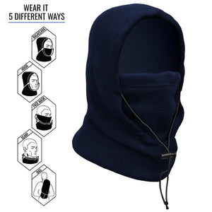 ActionTech navy fleece balaclava showing five different ways to wear the headgear