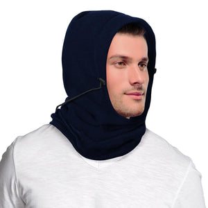 Man wearing a navy blue fleece balaclava hood with adjustable drawstring
