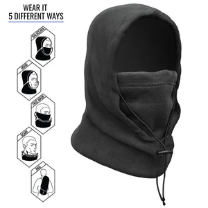 ActionTech black fleece balaclava showing five different ways to wear as a hood face mask scarf or bag