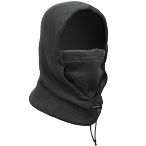 Black fleece balaclava with adjustable drawstring