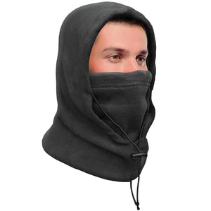 Person wearing a black fleece balaclava hood with an adjustable drawstring