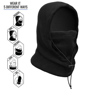 ActionTech black fleece balaclava with diagrams showing five different ways to wear the item