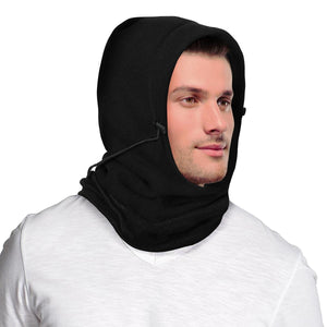 Man wearing a black fleece balaclava hood with adjustable drawstring