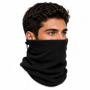 Man wearing a black fleece neck gaiter with an adjustable drawstring